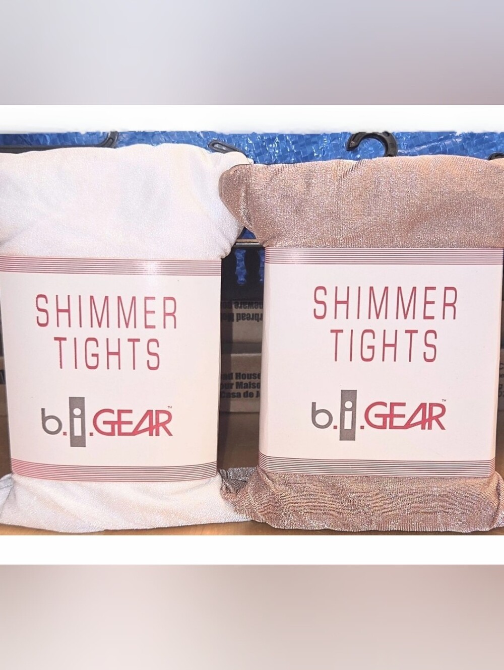 NEW VINTAGE b.i.GEAR Shimmer TIGHTS Nylon PANTYHOSE WHITE & CAMEL Sz.XL 155-175